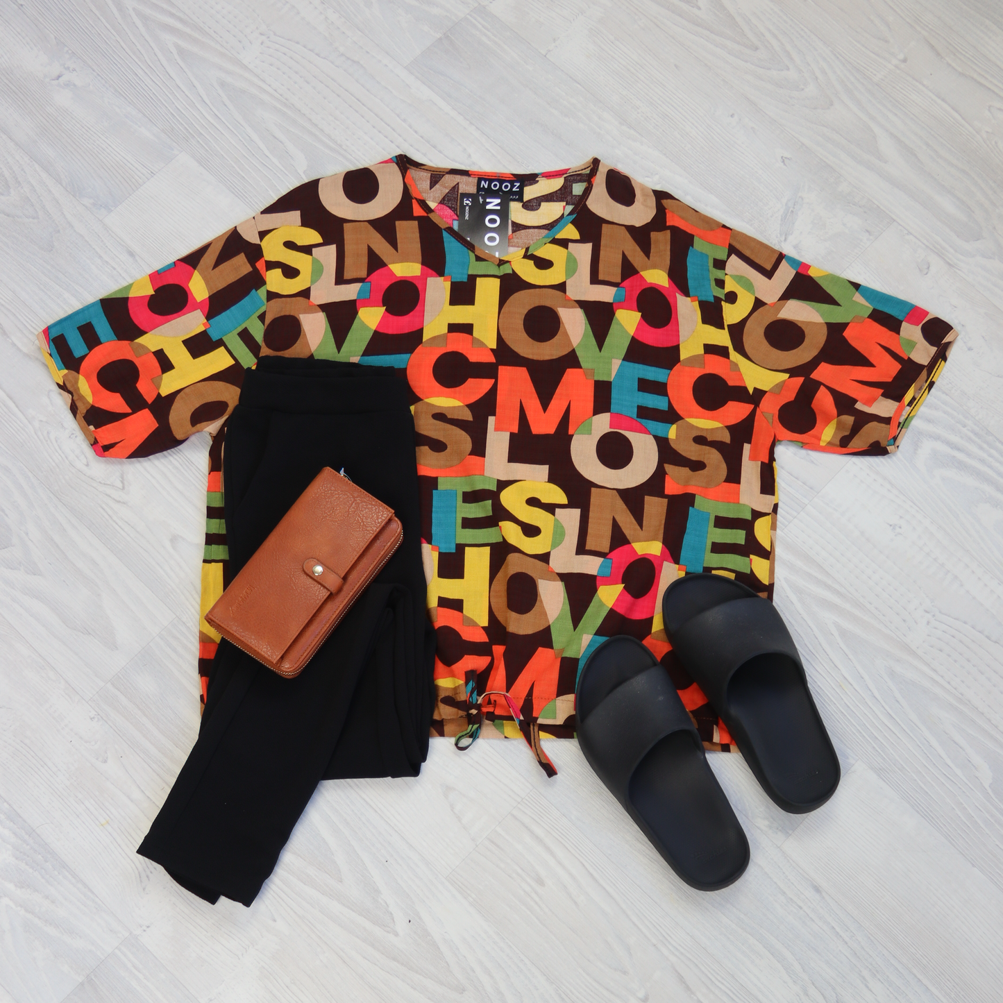 Short Sleeve Verity Tie Top - Bright Brown Alphabet