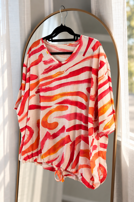 Short Sleeve Verity Tie Top - Fiery Brushstrokes