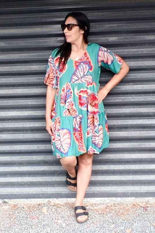 Teal & Rust Leaf - Boho Kalani Babydoll Dress
