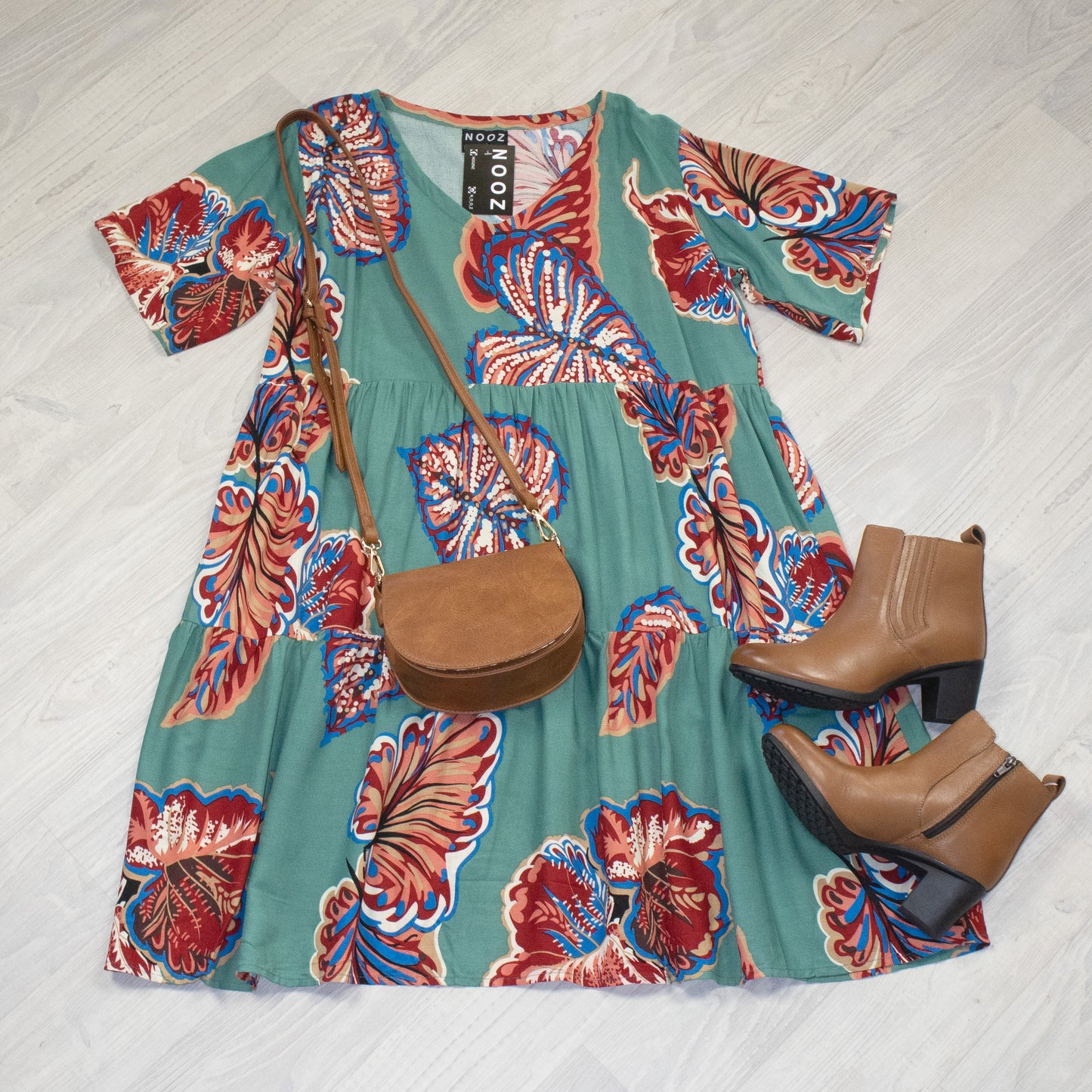 Teal & Rust Leaf - Boho Kalani Babydoll Dress