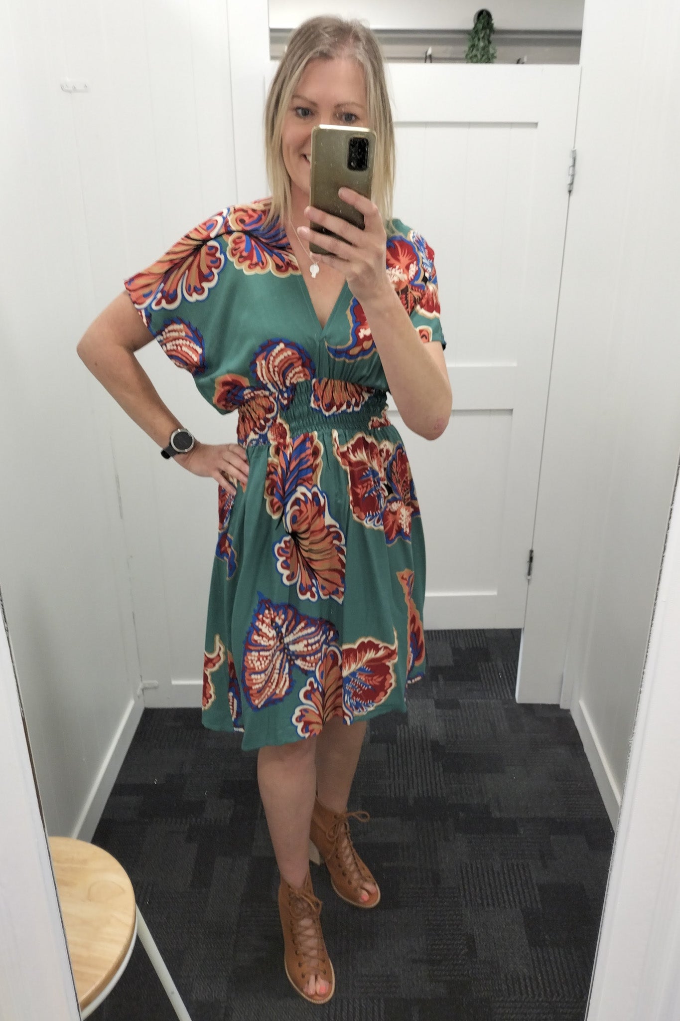 Teal & Rust Leaf - Shorter Boho Malia Dress