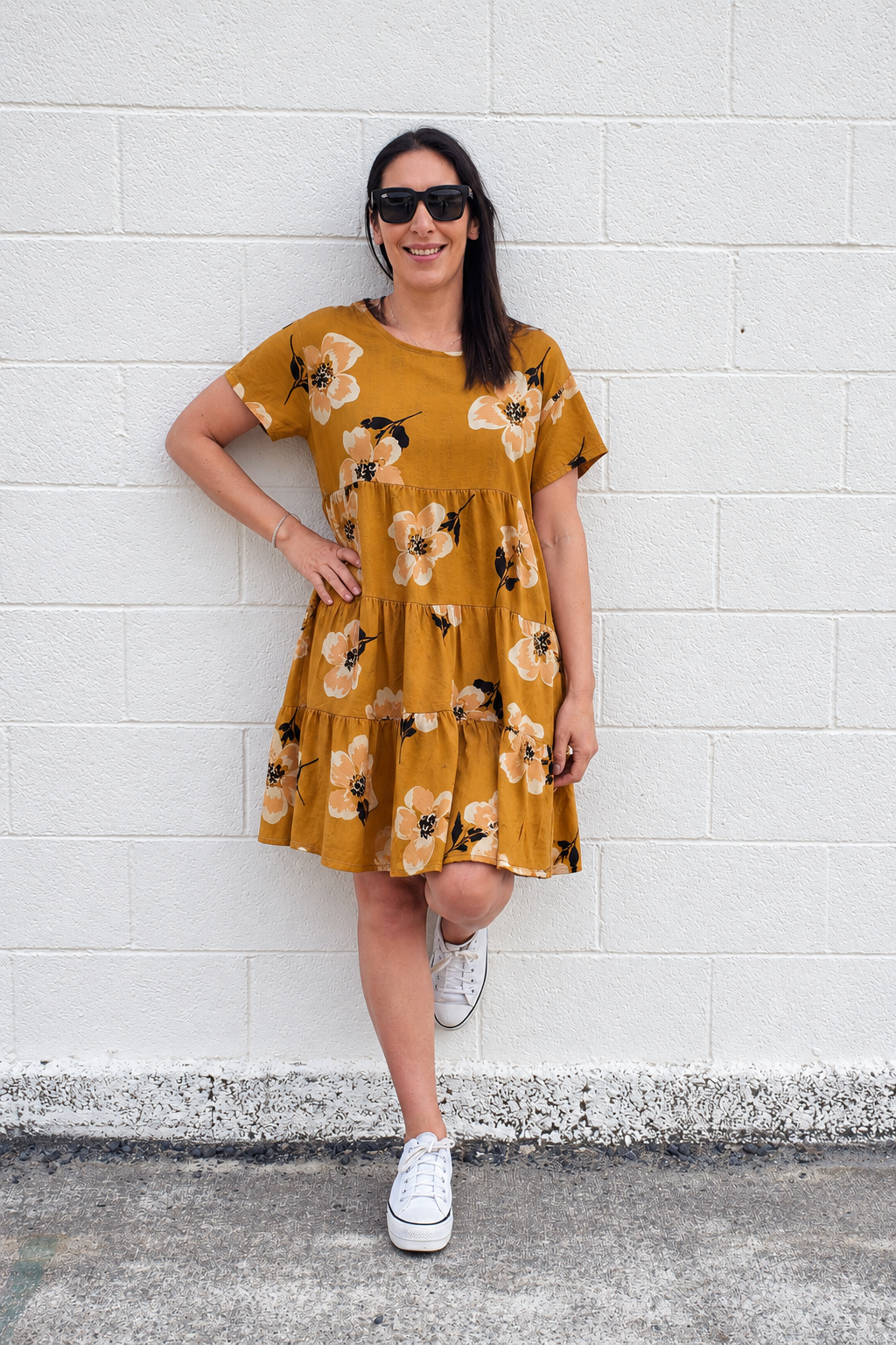 Tiered Babydoll Dress - Mustard Floral