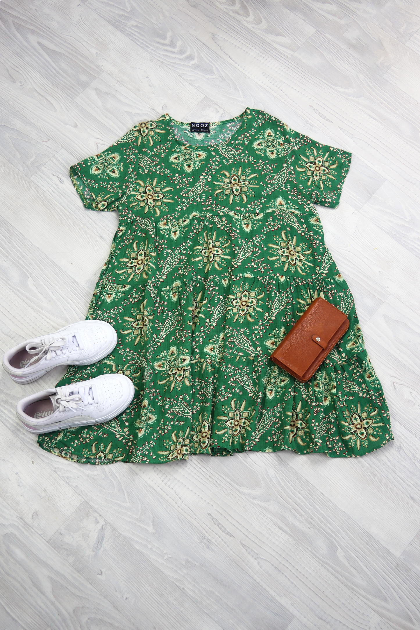 Tiered Babydoll Dress - Green Patterned