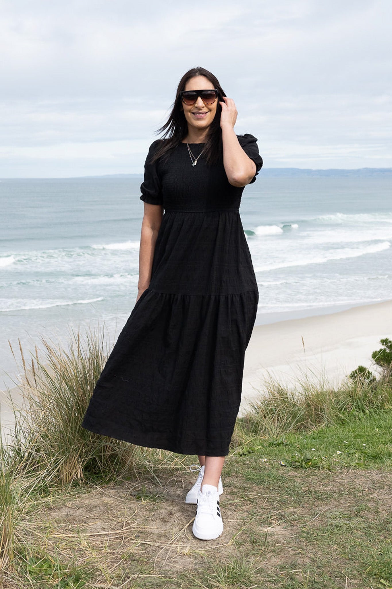 PRE-ORDER** Black - Textured Short Sleeve Shirred Josephine Dress