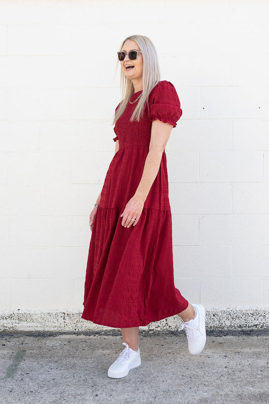 PRE-ORDER** Raspberry - Textured Short Sleeve Shirred Josephine Dress