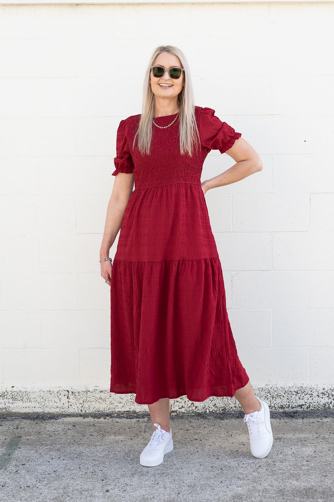 PRE-ORDER** Raspberry - Textured Short Sleeve Shirred Josephine Dress