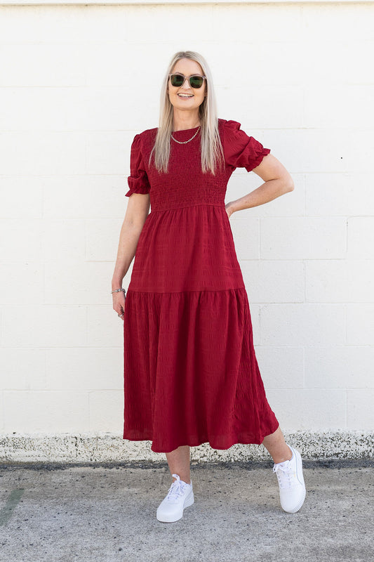 PRE-ORDER** Raspberry - Textured Short Sleeve Shirred Josephine Dress