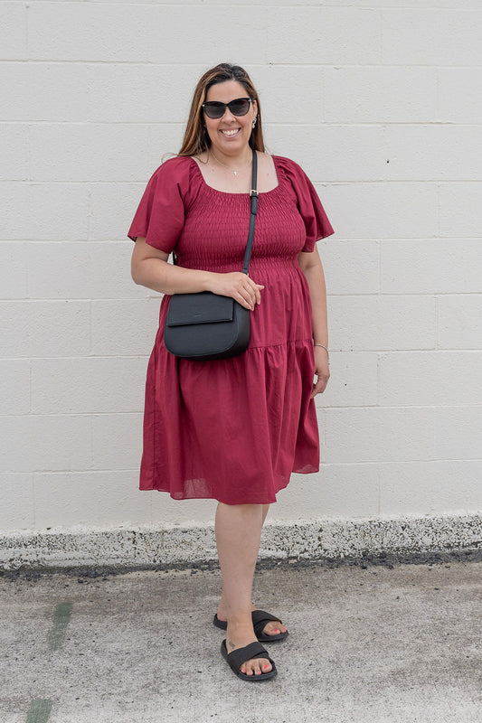 Plain Shirred Bust Louisa Dress - Wine