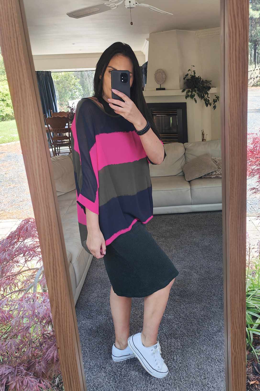 PRE-ORDER** Bright Pink & Khaki Stripe Draped Top - Vogue Collection