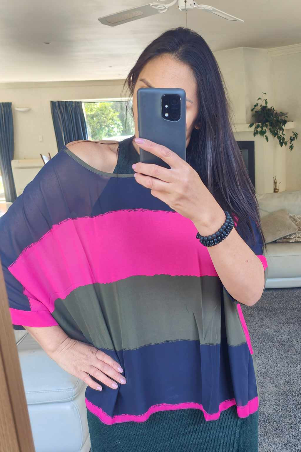 PRE-ORDER** Bright Pink & Khaki Stripe Draped Top - Vogue Collection