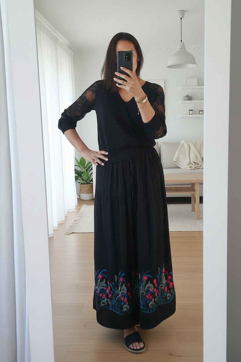 Maggie Embroidered Skirt - Black Garden