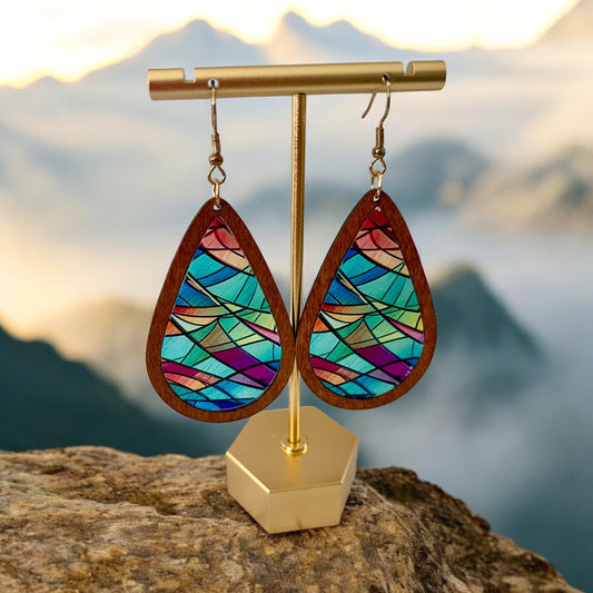 Abstract Wave - Stained Glass Wood & Resin Earring