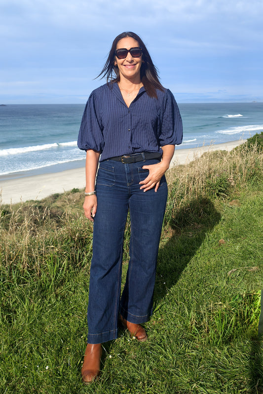 Navy - Textured Mercy Puff Sleeve Shirt
