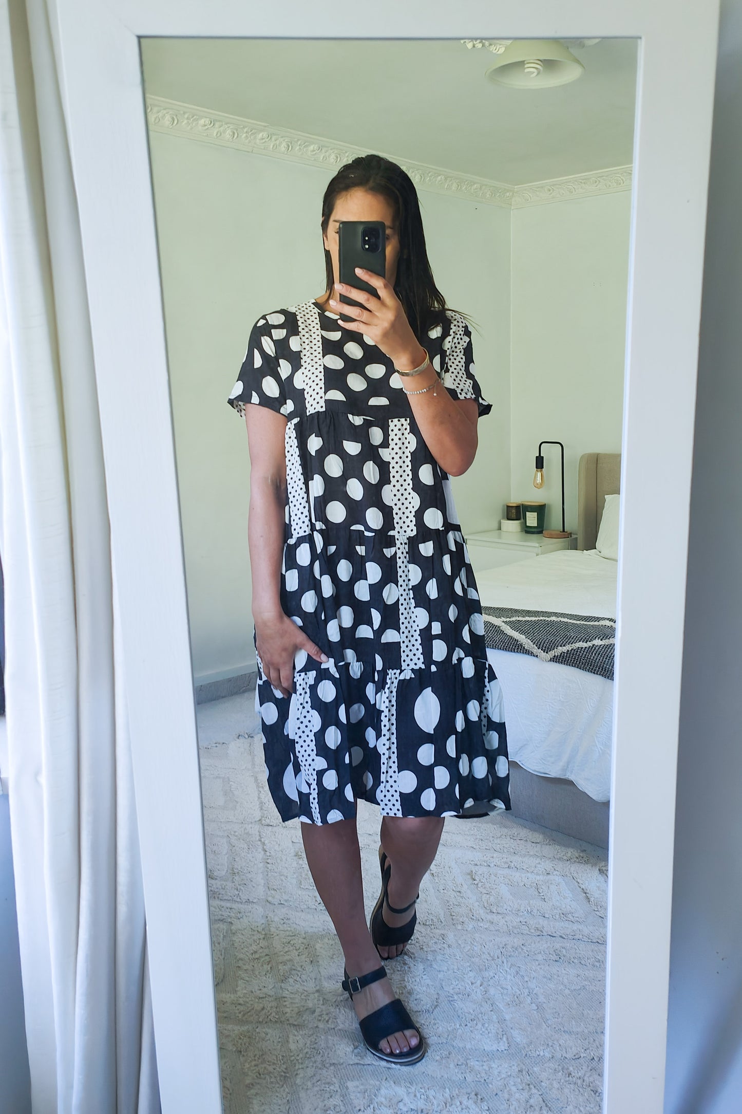 Tiered Midi Dress - B/W Dot Fiesta