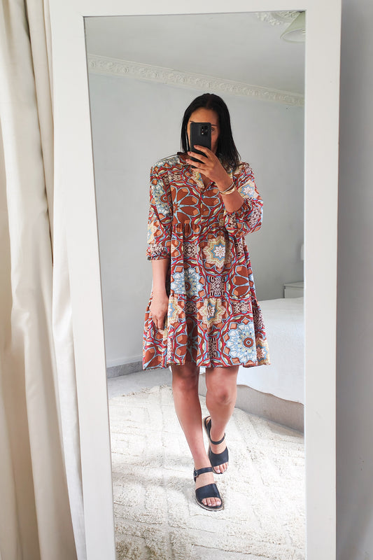 Retro Print LS Shift Dress - Caramel