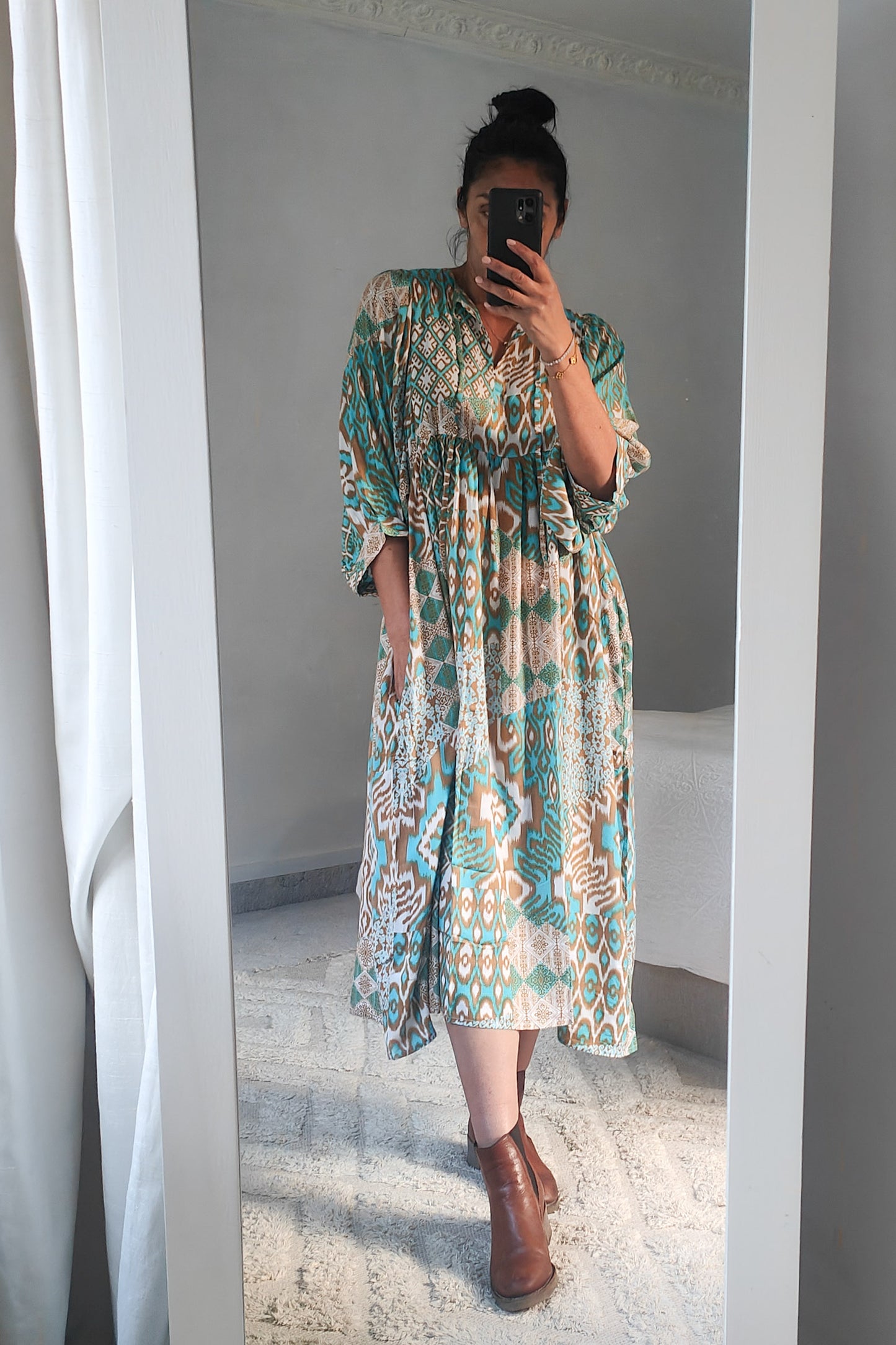 Patterned Lantern Sleeve Della Maxi -Bronze Navajo