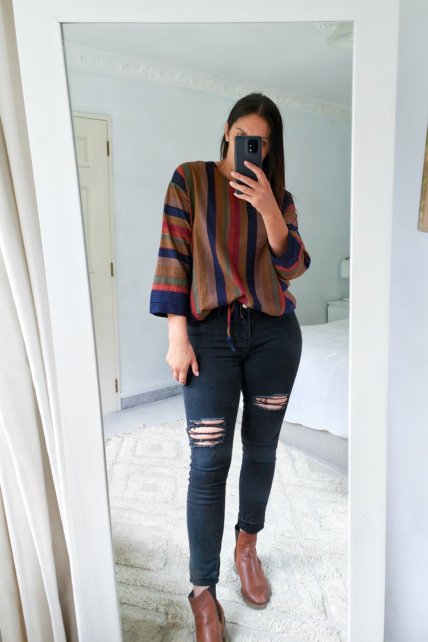 LS Patterned Verity Tie Top - Autumn Vertical Stripe