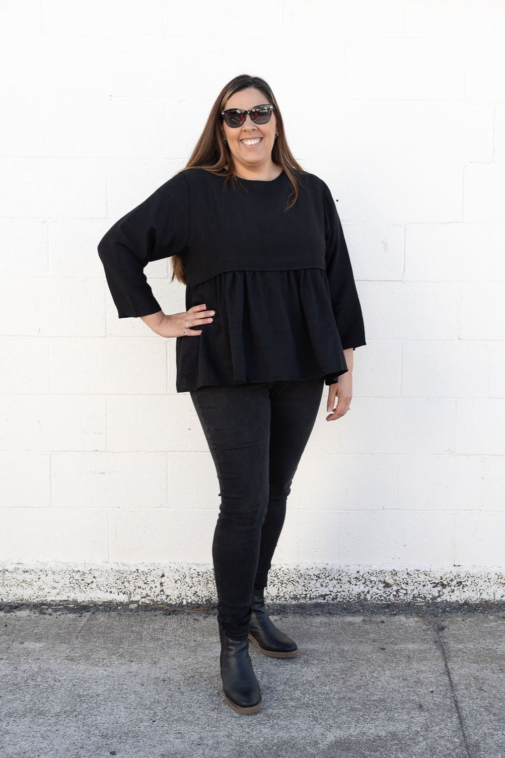 Black - Long Sleeve Frill Detail Top