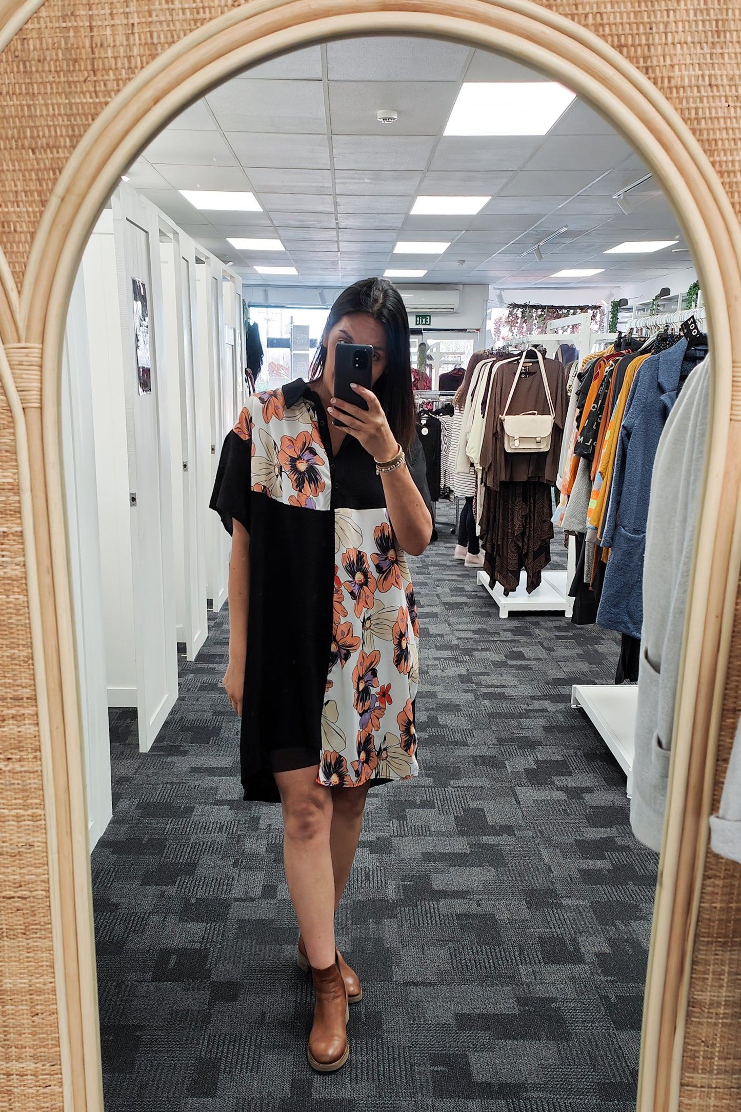 Black - Peach Floral Paneled Overshirt/Tunic