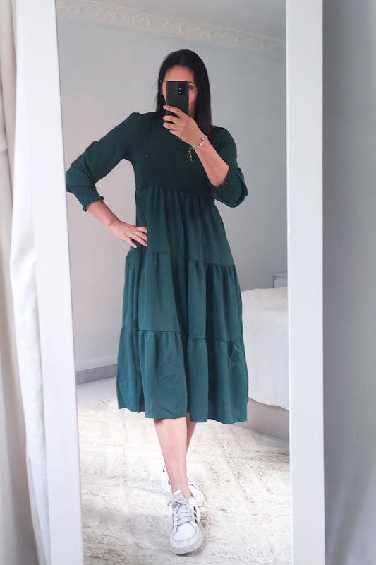 Long Sleeve Shirred Lola Dress - Forest Green