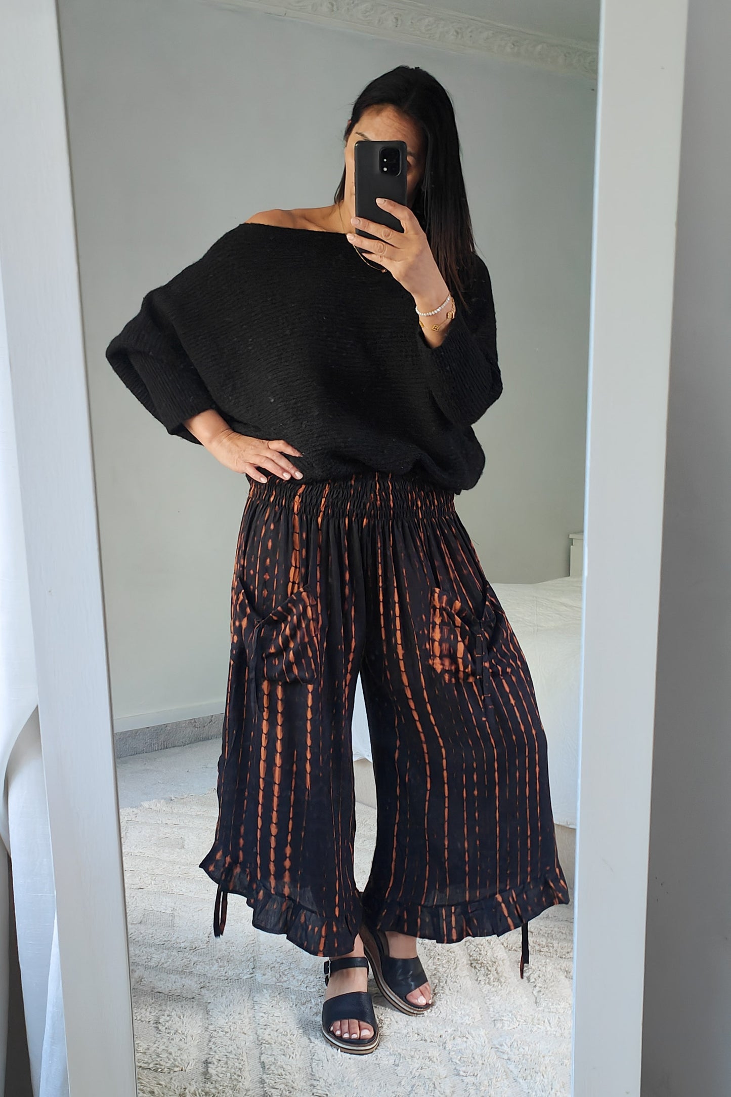 Wideleg Ruffle Hem Pants - Black Tie Dye