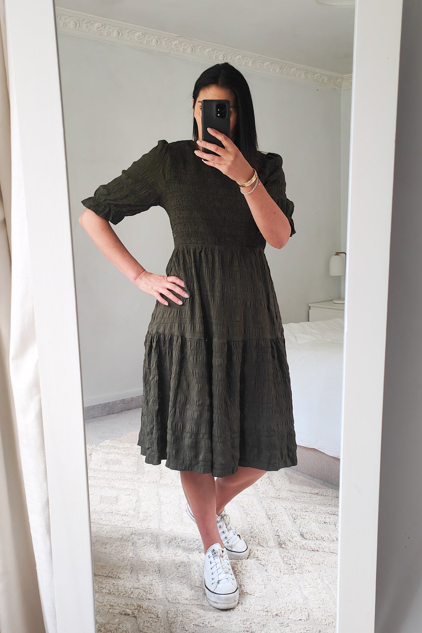 Khaki - Textured Short Sleeve Shirred Florence Dress