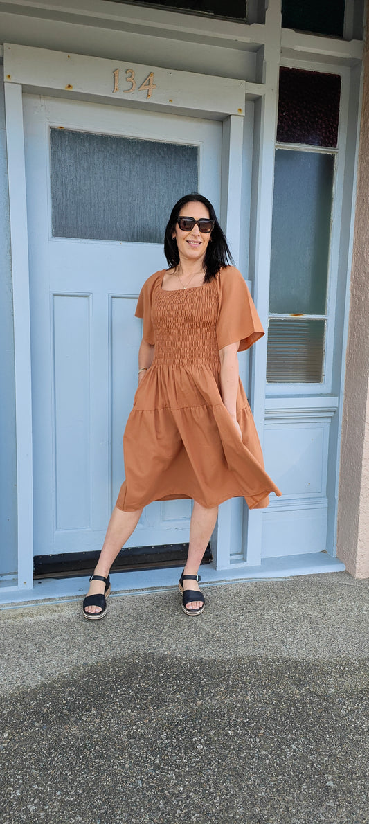 Plain Shirred Bust Louisa Dress - Caramel