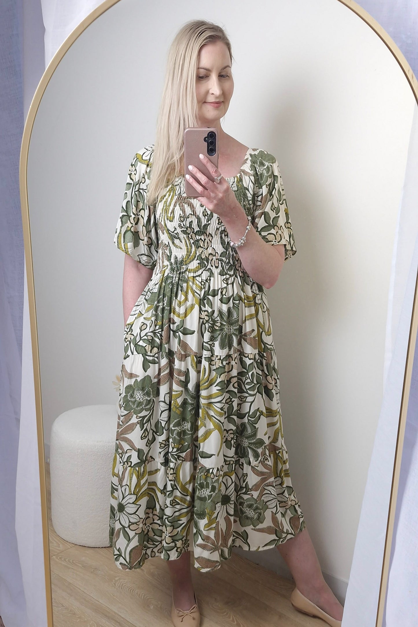 Shirred Bust Soph Maxi - Green Flora