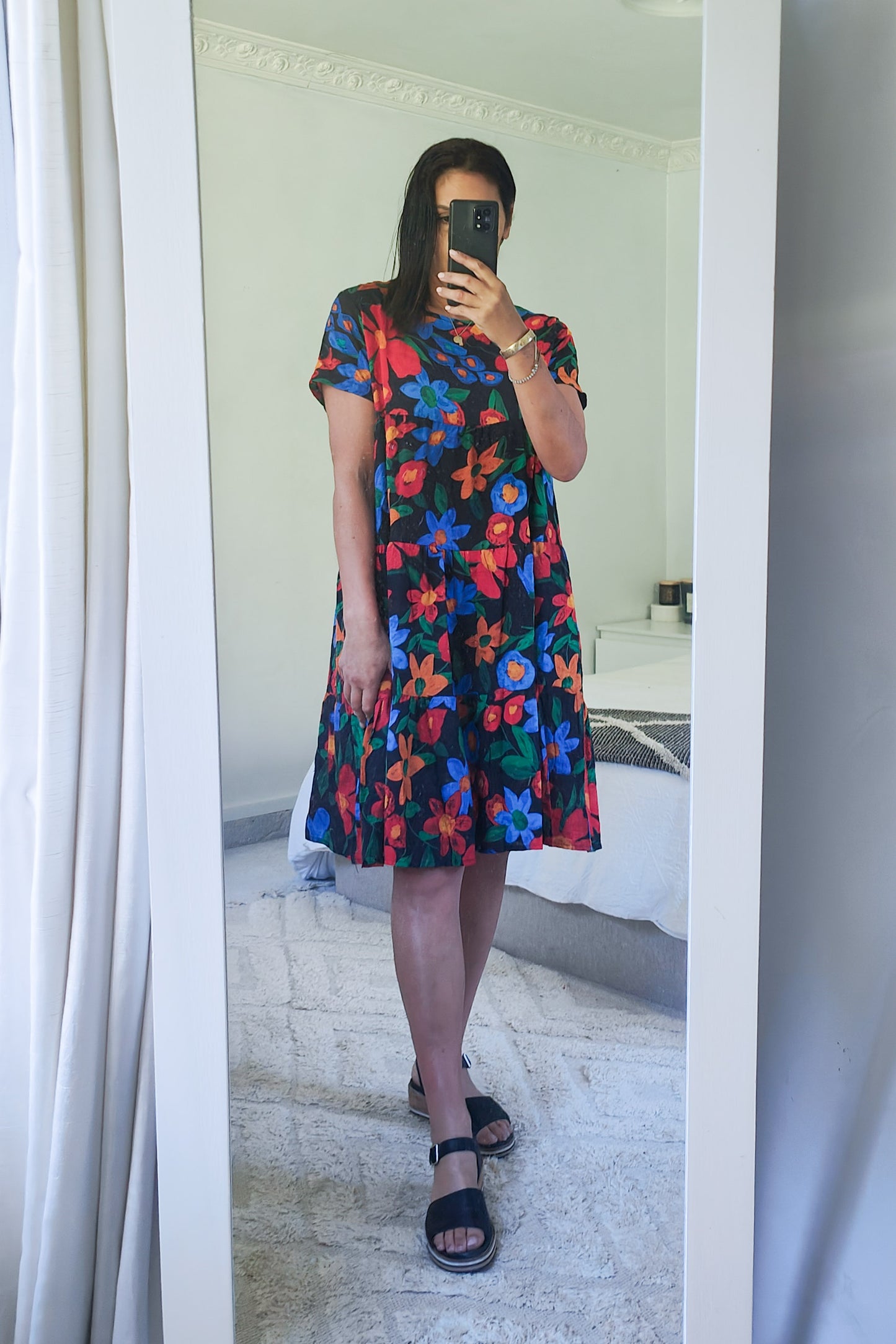 Tiered Midi Dress - Bright Black Poppy