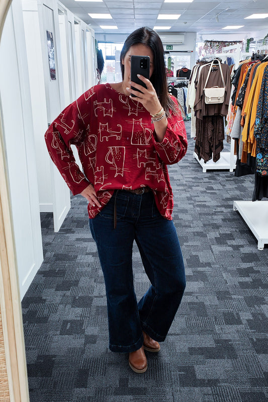 Funky Cat Print Top - Raspberry