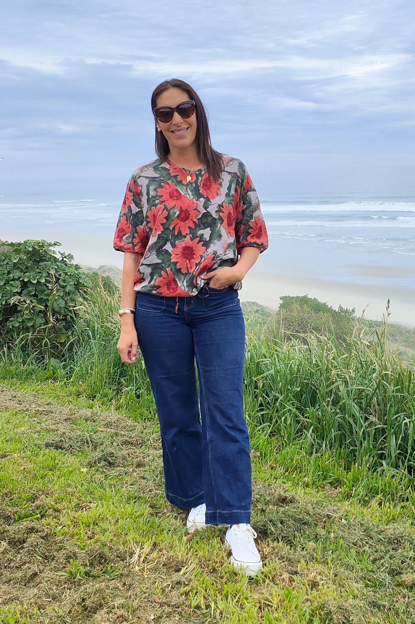 Short Sleeve Verity Tie Top - Melon Floral Art