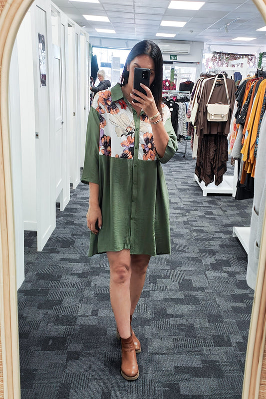 Sage - Flower Button Up Overshirt/Tunic