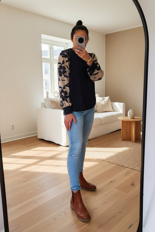 PRE-ORDER** Black Floral Sleeve Top - Sand