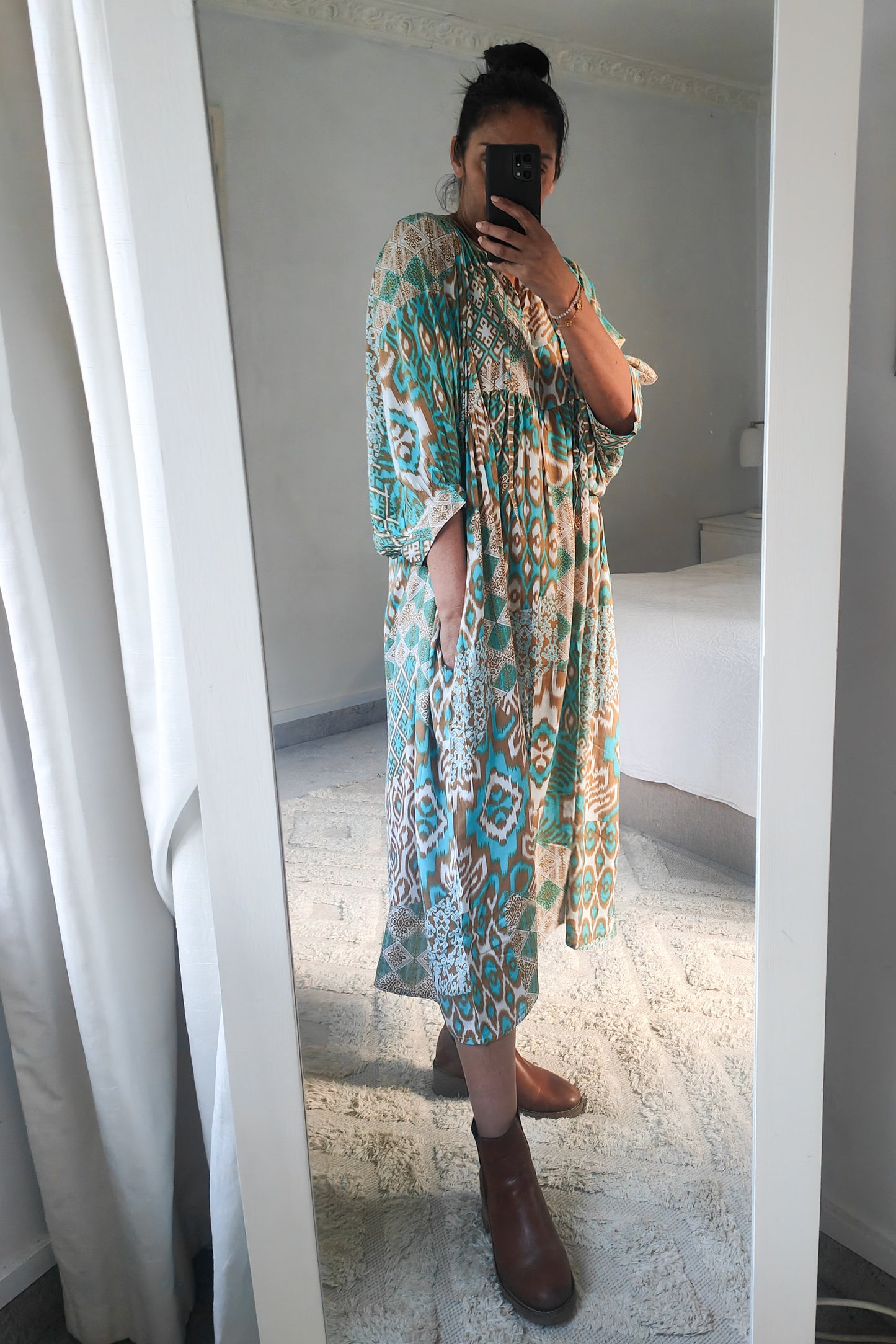 Patterned Lantern Sleeve Della Maxi -Bronze Navajo