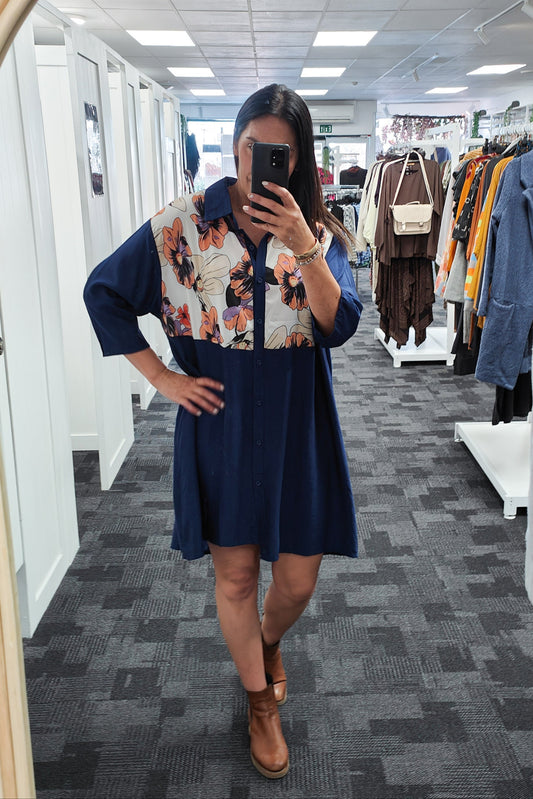 Navy - Flower Button Up Overshirt/Tunic