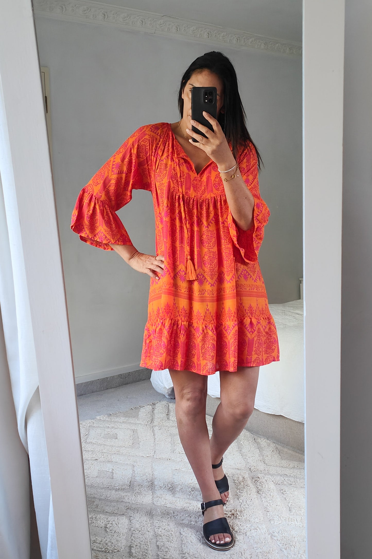 Patterned Smock California Dress - Bright Tangerine
