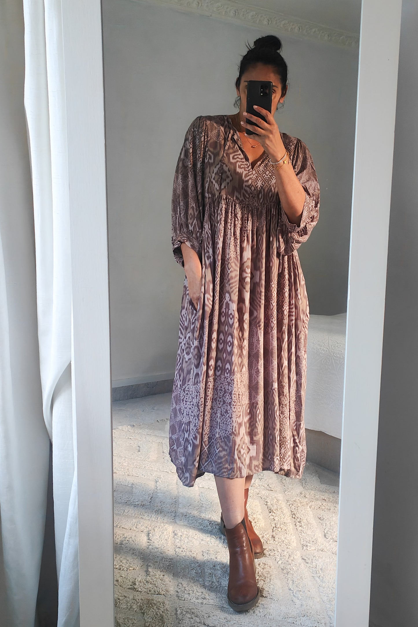 Patterned Lantern Sleeve Della Maxi - Blush Navajo