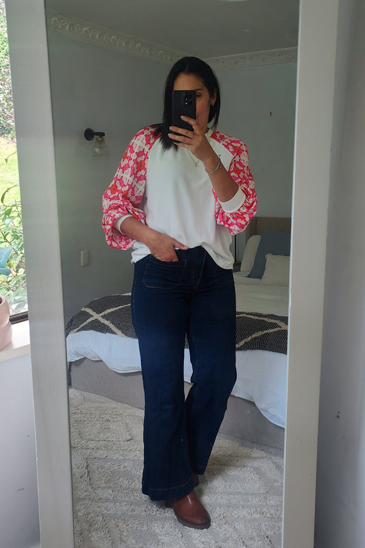 White Patterned Sleeve Perth Top