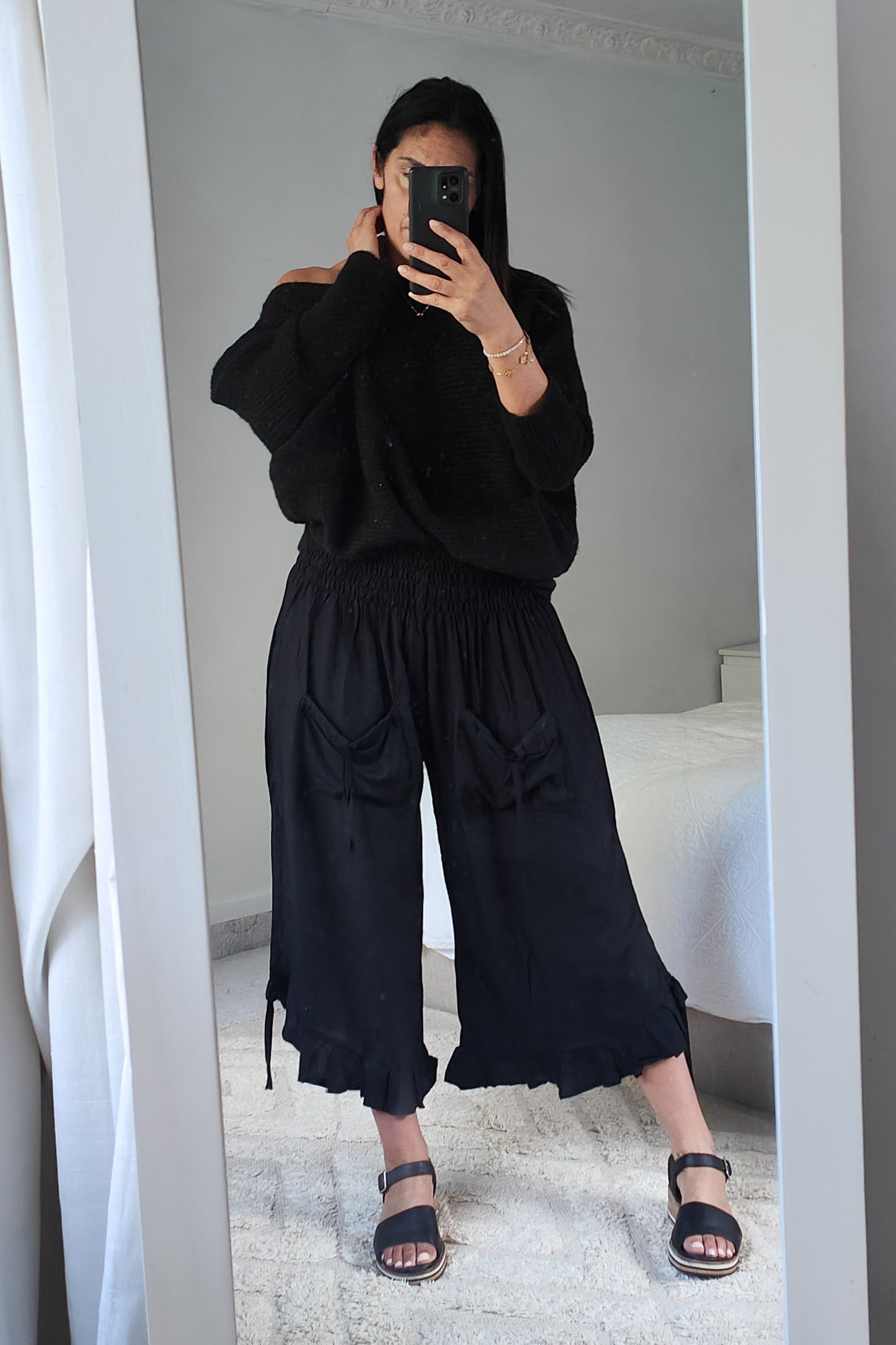 Wideleg Ruffle Hem Pants - Black