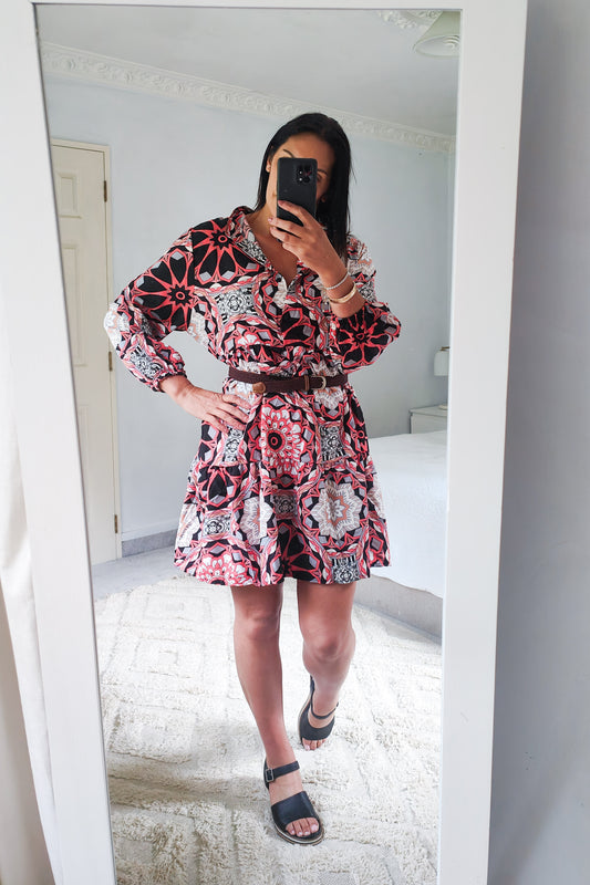 Retro Print LS Shift Dress - Black & Coral