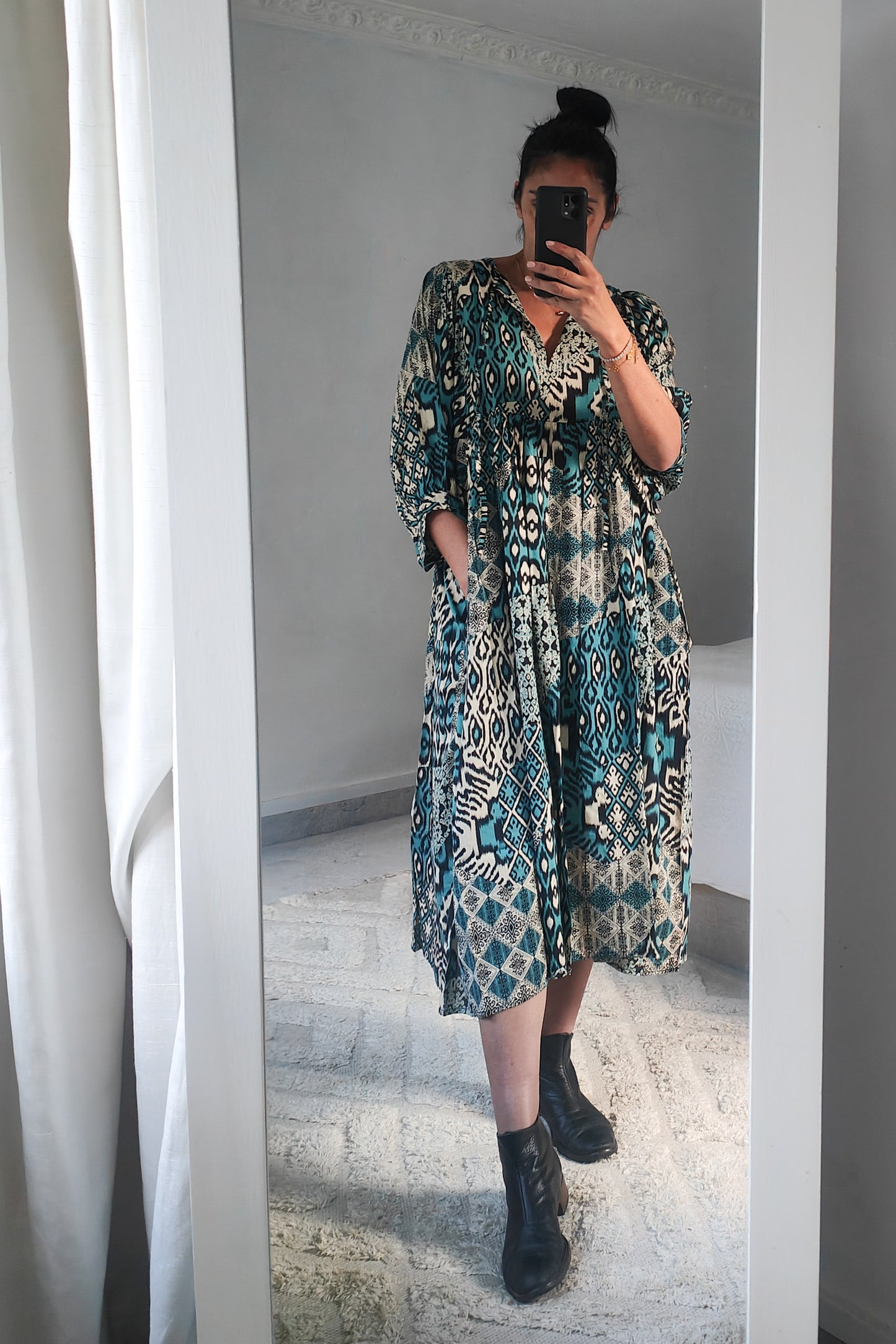 Patterned Lantern Sleeve Della Maxi - Teal Navajo