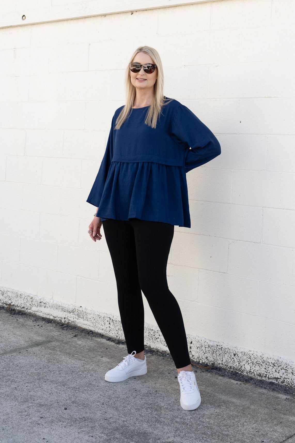 Navy - Long Sleeve Frill Detail Top