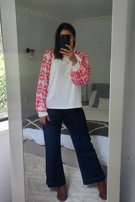 White Patterned Sleeve Perth Top