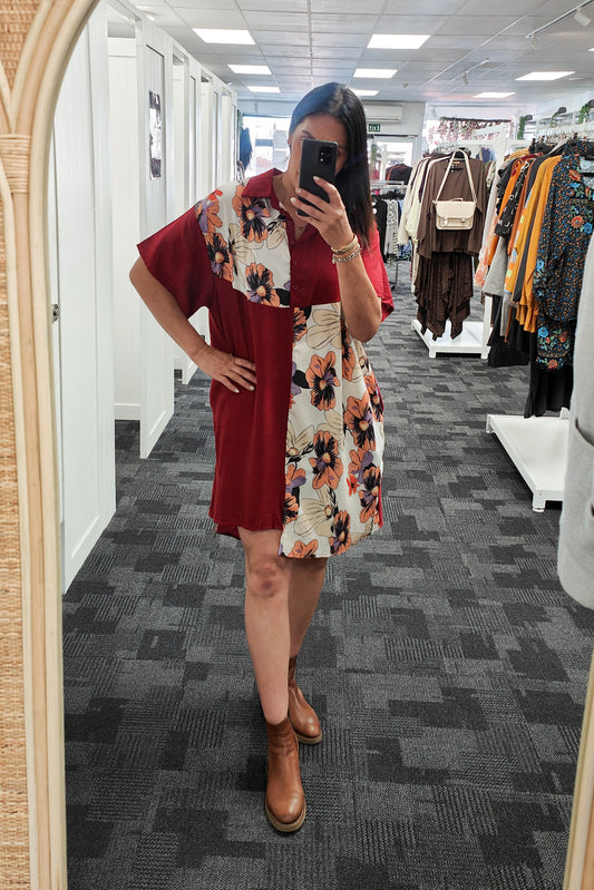 Red - Peach Floral Paneled Overshirt/Tunic