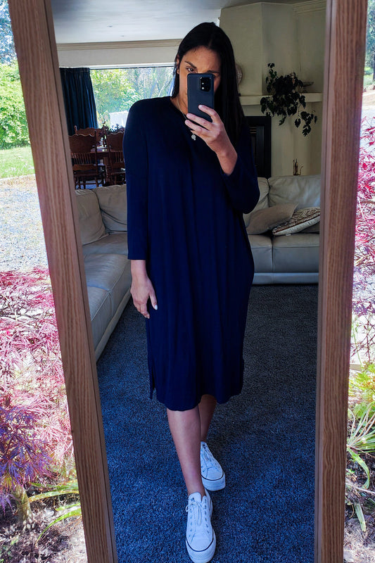 Longer Henley Draped Dress - Navy