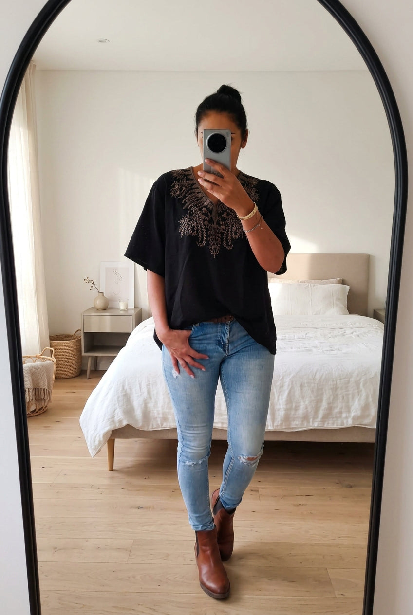 Boho Embroidered Soren top - Black