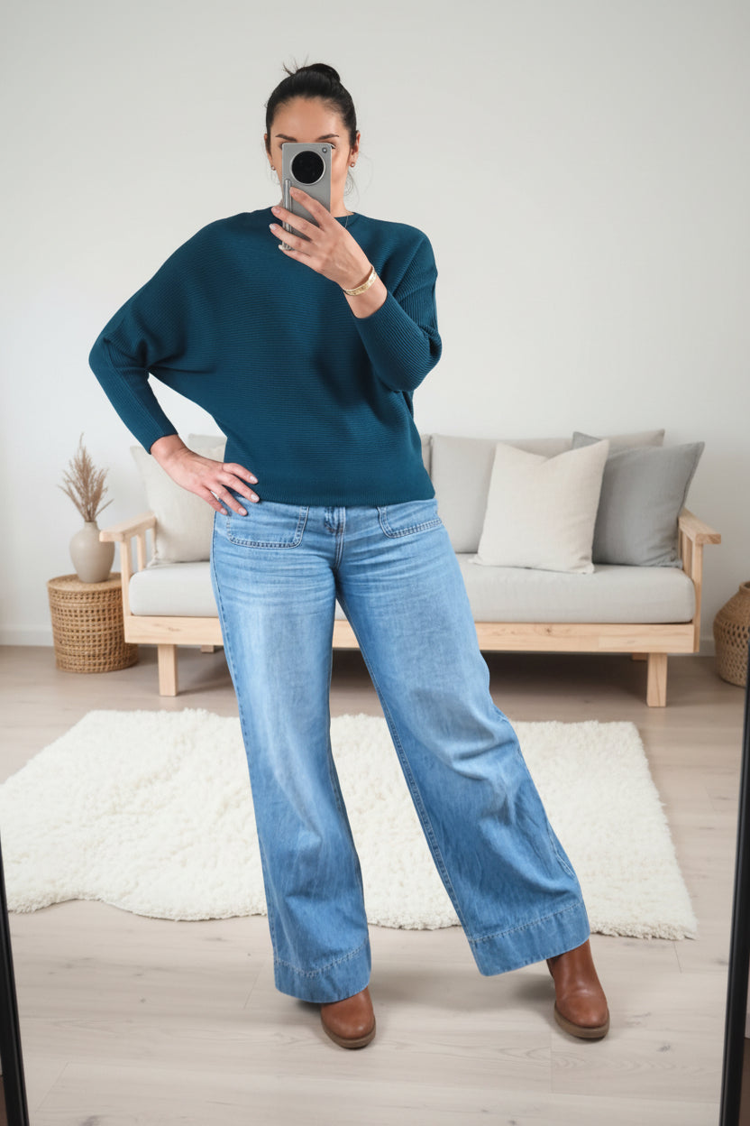 Dark Teal - Nellie Ribbed Batwing Knit