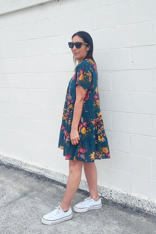 Tiered Babydoll Dress - Emerald Bouquet