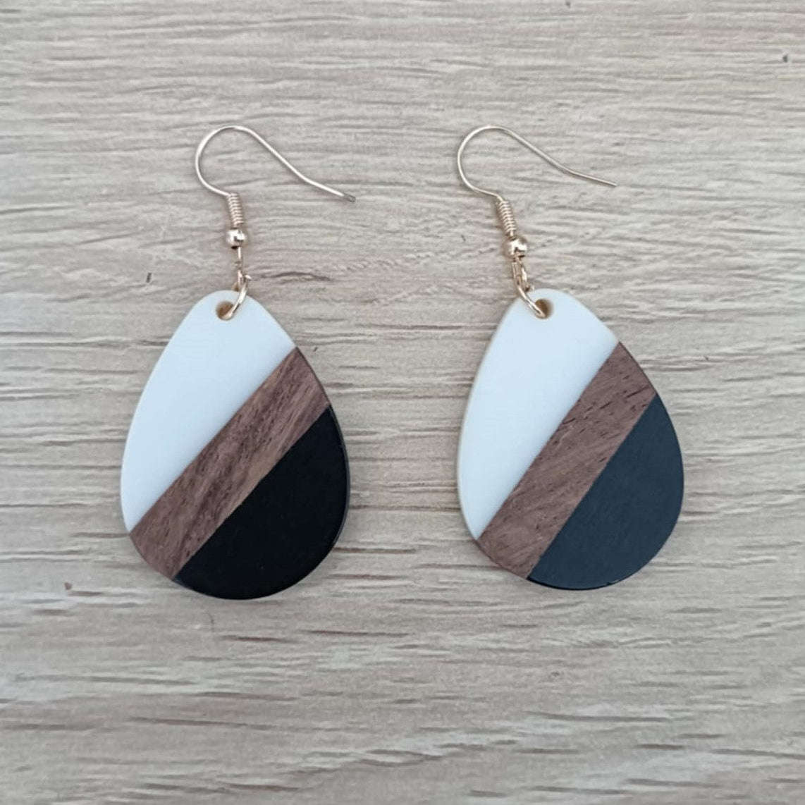 Black & White - Teardrop Wood & Resin Earrings
