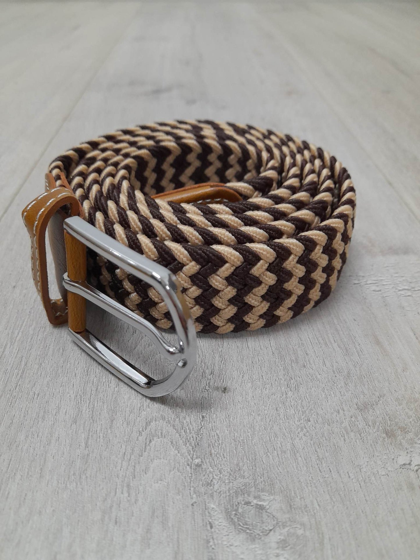 Wide Woven Belt - Brown & Cream